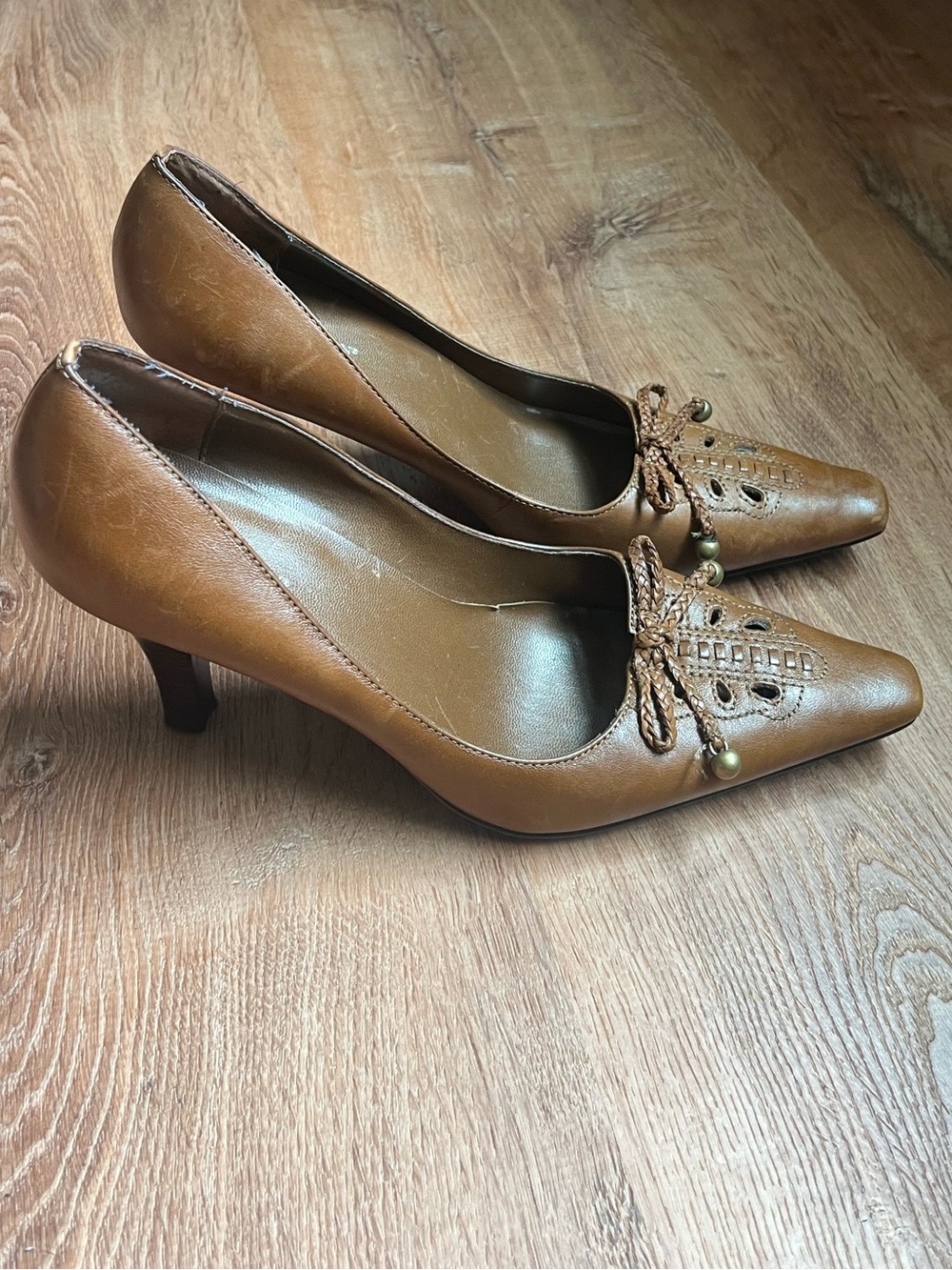Worthington Brown Pointed Toe Leather Flats with Braided Bow